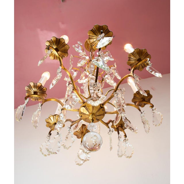1940s Vintage French Chandelier in Brass with Bronze and Crystals, 1930s For Sale - Image 5 of 11