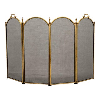 Vintage Solid Brass and Mesh 4 Panel Folding Fireplace Screen With Handles For Sale