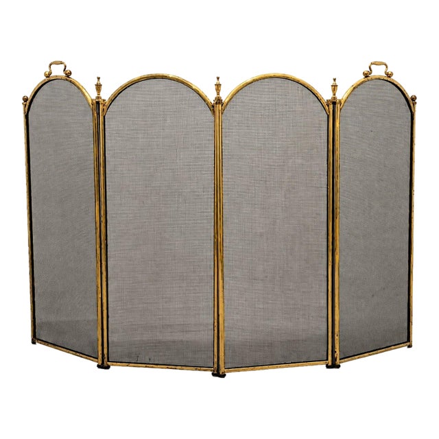 Vintage Solid Brass and Mesh 4 Panel Folding Fireplace Screen With Handles For Sale