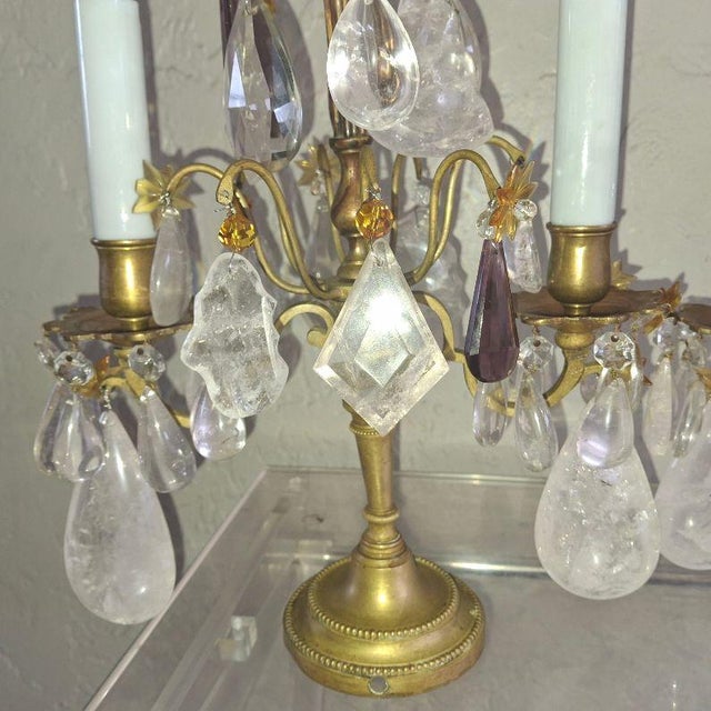 19thc Opulent French Louis XVI Rock Crystal & Bronze Table Lamps/ Girandoles a - Pair For Sale - Image 17 of 18