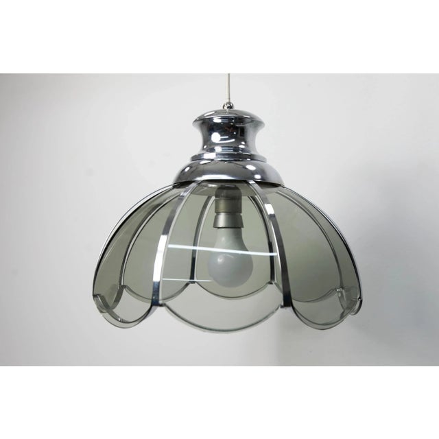 Floral Pendant Lamp in Chromed Metal and Grayed Glass, 1970 For Sale - Image 11 of 14