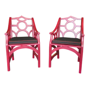 Grandinroad Red Chinese Chippendale Arm Chairs - a Pair