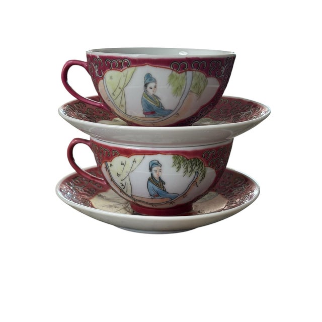 Ceramic Mid-Century Vintage Mun Shou Longevity Hand Painted Luncheon Set, 28pcs. For Sale - Image 7 of 12