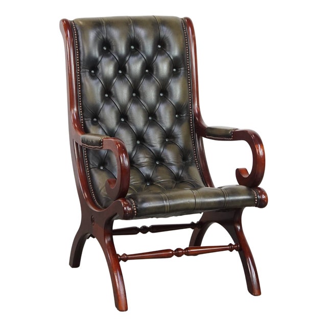 English Chesterfield Chair in Green Cowhide For Sale