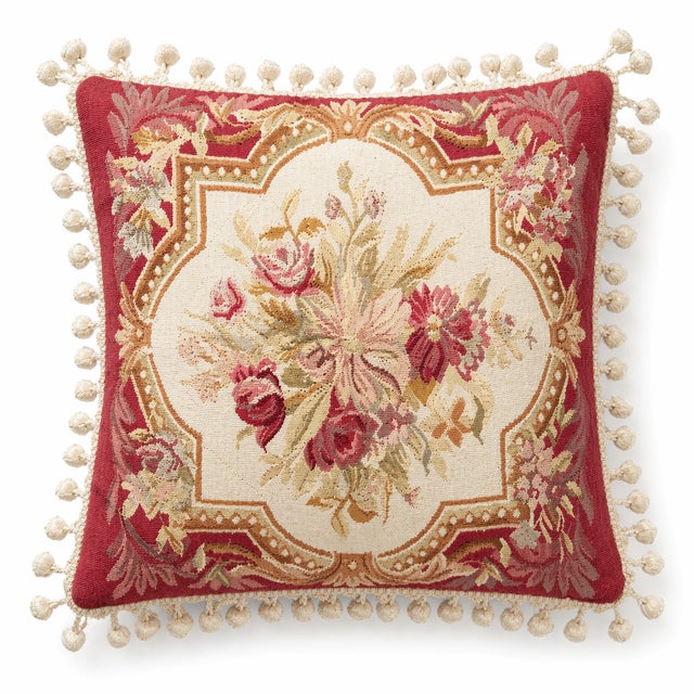 Vintage Hand-Tufted Needle Point Pillow Cover With Pom Pom Fringe & Zipper – 19” X 19” For Sale In San Diego - Image 6 of 6