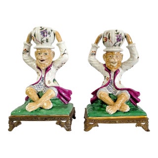Candlesticks Pair Brass Porcelain Monkey For Sale