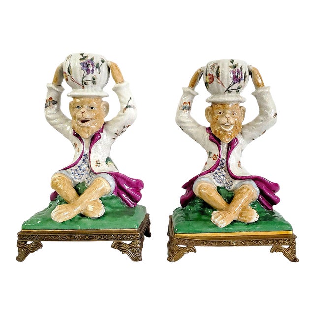 Candlesticks Porcelain & Ormolu Monkey Pair For Sale