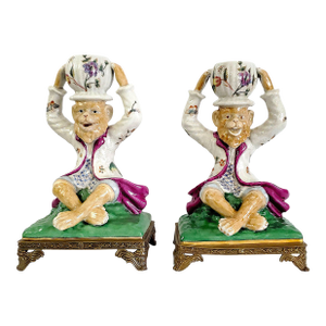Large Pair Candlesticks Hand-Painted Porcelain Monkeys & Brass Ormolu Bases Signed Wong Lee