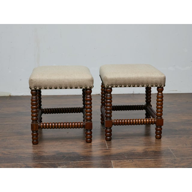 Pair of English 19th Century Hardwood Bobbin Stools with Linen Upholstery For Sale - Image 9 of 11