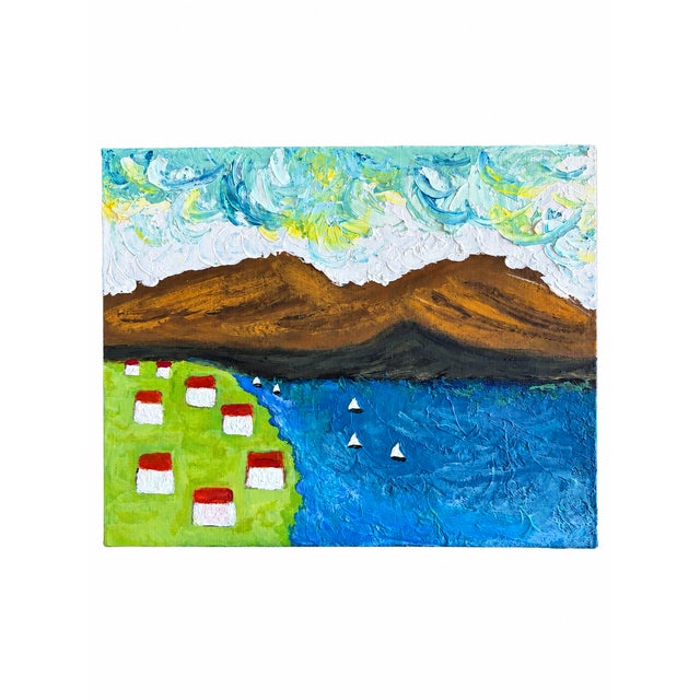 Paint Original Impasto Folk Art–Style Lakeside Village Painting by L. Romo, 2026 For Sale - Image 7 of 7