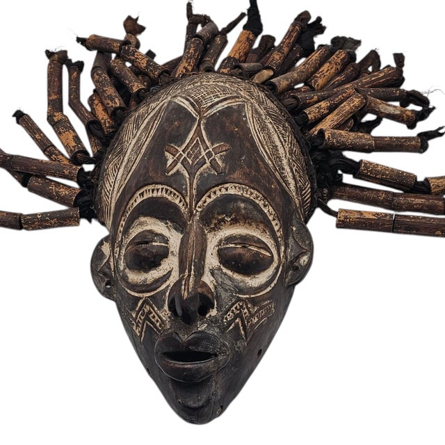 Tribal Authentic Chokwe Chikunga Mask With Bamboo Headdress, Hand-Carved Congo Wood Tribal Art For Sale - Image 3 of 7
