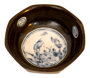 Vintage Mid 20th Century Brownish-Black Korean Glazed Octagonal Bowl With Blue and White Ceramic