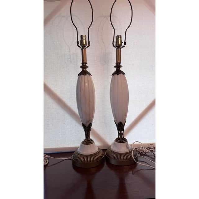 Alabaster Vintage Mid-Century Modern Neoclassical Carved Alabaster & Brass Spindle Table Lamps - A Pair. For Sale - Image 8 of 18