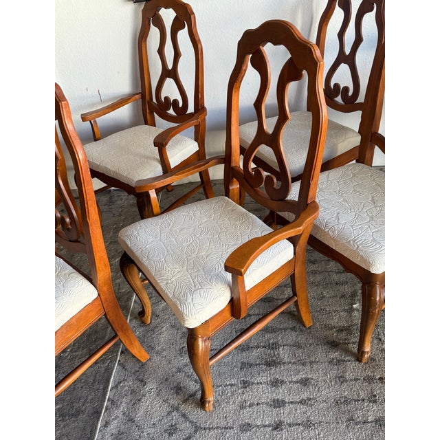 6 Mid-20th Century Carved Walnut Dining Arm Chairs With Upholstered Seat For Sale - Image 9 of 9