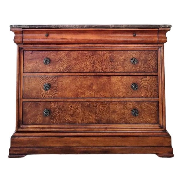 Burl and Mahogany Wood Louis Philippe Chest / Commode With Marble Top by Ethan Allen For Sale