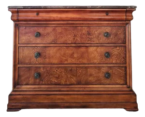 Burl and Mahogany Wood Louis Philippe Chest / Commode With Marble Top by Ethan Allen