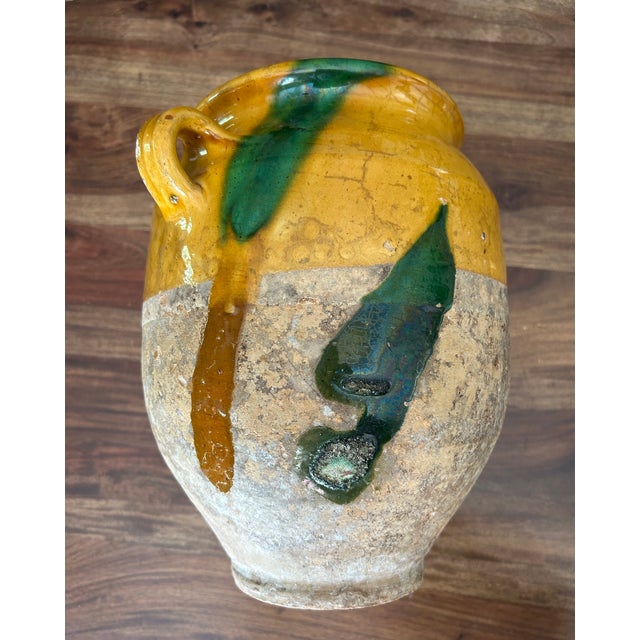 Yellow A 19th C French Terra Cotta Yellow Ochre and Green Glazed Confit Jar For Sale - Image 8 of 8
