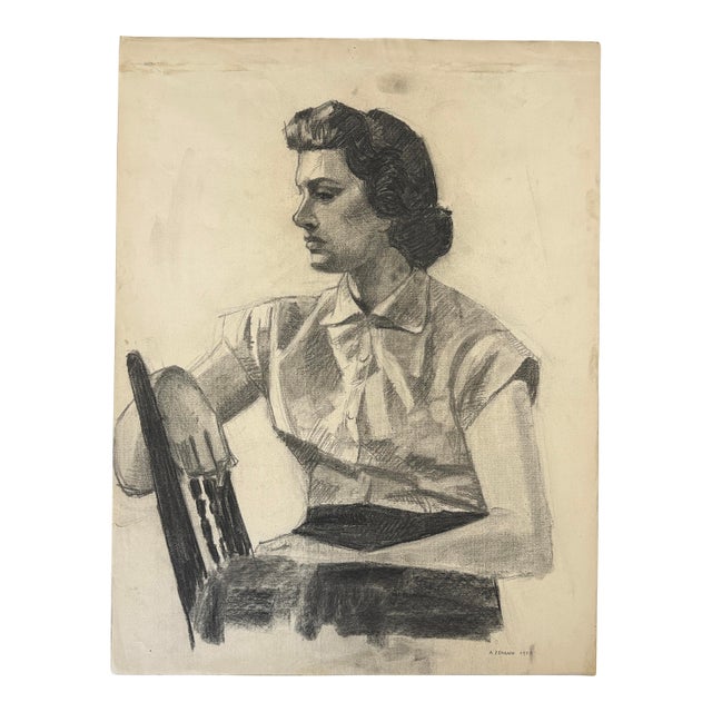 Anthony A. Ferrara (American, 1930–2012) — Realist Seated Woman, Signed (1950, Charcoal on Paper) For Sale