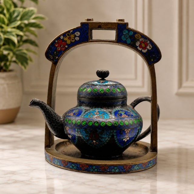 Early 20th Century Chinese Cloisonné Enamel Teapot in Architectural Display Frame, Circa 1900–1940 For Sale In Sacramento - Image 6 of 6