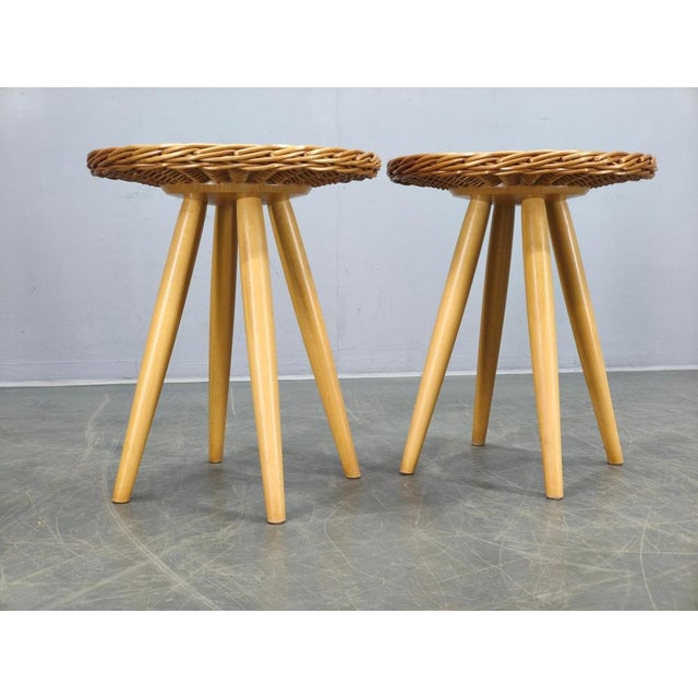 Wood Rattan Side Tables by Jan Kalous for Uluv, 1970s, Set of 2 For Sale - Image 7 of 12
