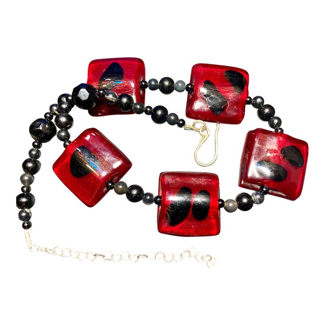 Art Glass Necklace With Ruby Red Square Beads, Black Onyx and Agate With Sterling Silver Clasp. For Sale