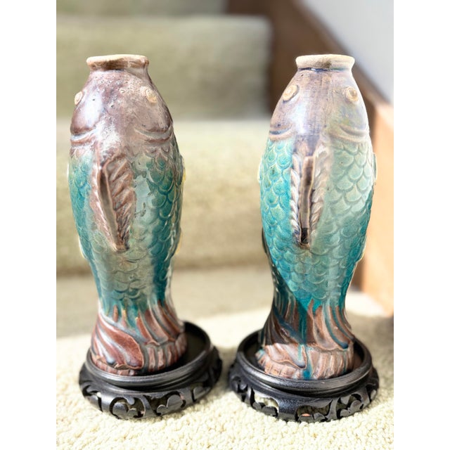 Antique Chinese Sancai Glazed Koi Fish Vase Pair Tang Style 1930 Art Nouveau For Sale In Los Angeles - Image 6 of 9
