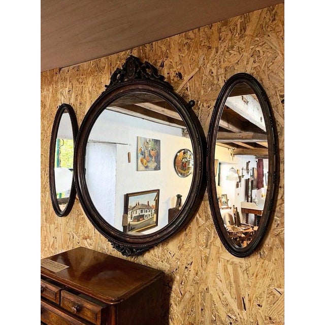 Large 1930s Carved Oak Triple Overmantle Wall Mirror Material: Oak, Mirror Glass An impressive large wall-hanging triple...