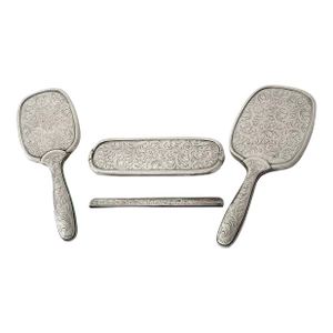 European Silver 835 With Crescent and Crown Hallmark Vanity Set Brush, Mirror, Comb Cover, Clothes Brush - 4 Pieces Mid 20th Century.