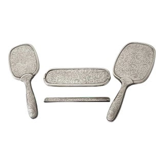 Mid 20th Century Silver Vaniety Set European Silver 835 With Crescent and Crown Hallmark, Brush, Mirror, Comb Cover, Clothes Brush - 4 Pieces For Sale