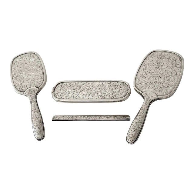 Mid 20th Century Silver Vaniety Set European Silver 835 With Crescent and Crown Hallmark, Brush, Mirror, Comb Cover, Clothes Brush - 4 Pieces. For Sale