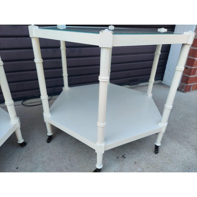 Vintage Pair of Faux Bamboo Hexagonal End Tables With Caned Tops and Glass Over Caning. For Sale - Image 10 of 10