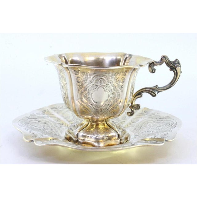 Metal Silver Cup and Saucer with Engraved Floral Motifs and Edge Cutouts, Set of 2 For Sale - Image 7 of 8