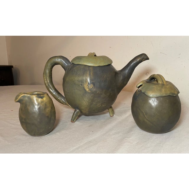 Antique Signed Japanese 3 Piece Studio Green Pottery Teapot Set Sugar Creamer For Sale - Image 9 of 18
