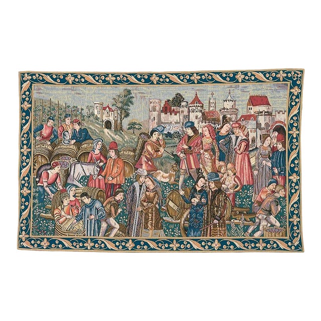 The Winemarket (Blue Border) Loom Woven Tapestry - 86 X 137 Cm (2'10" X 4'6") - Requires Rod Size 4 For Sale