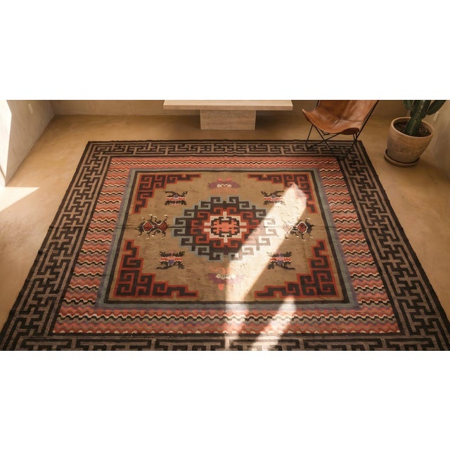 1900s Tan Camel Medallion Antique N. Chinese Mongolian Rug 11'10" X 12'2" Handknotted Wool Carpet For Sale - Image 10 of 10
