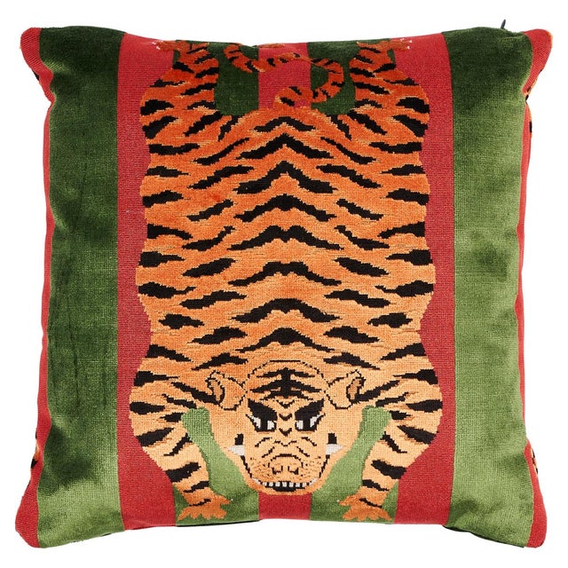 Abstract Schumacher x Johnson Hartig Jokhang Tiger Velvet 18" Pillow in Red & Green For Sale - Image 3 of 3