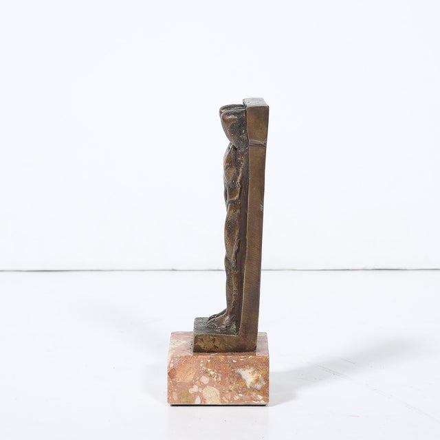 Art Deco Art Deco Bronze Telamon Sculpture on Rectilinear Variegated Rose Hue Marble Base For Sale - Image 3 of 10