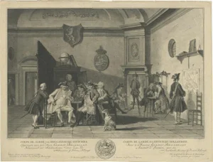 Fine Engraving Depicting an Officers Mess in the Low Countries, Holland, 1754