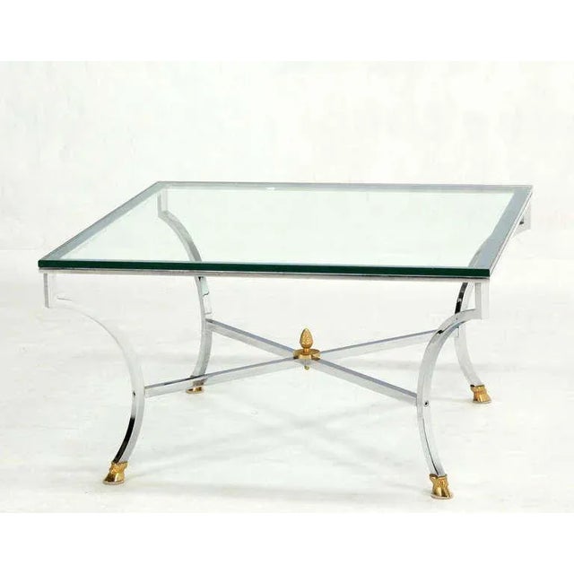 Mid-Century Modern Hoof Brass Feet Chrome and 3/4" Glass Square Coffee Table For Sale - Image 6 of 11