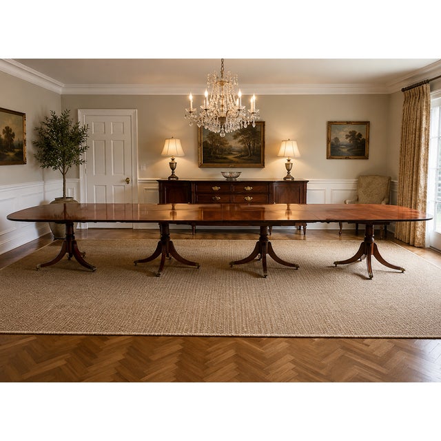 An exceptional antique English mahogany banquet dining table of outstanding scale and presence, designed to seat 22/24...