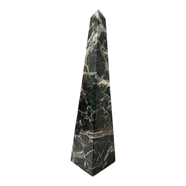 Mid 20th Century Large Nero Marquina Marble Obelisk Sculpture | Black & White Veined Stone Decor, 18” For Sale