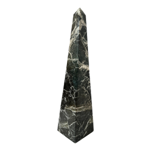Mid 20th Century Large Nero Marquina Marble Obelisk Sculpture | Black & White Veined Stone Decor, 18”