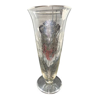 Vintage Sterling Overlay Glass Trumpet Vase Elegant Floral Design 9 3/4” Tall For Sale
