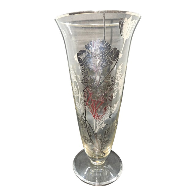 Vintage Sterling Overlay Glass Trumpet Vase Elegant Floral Design 9 3/4” Tall For Sale