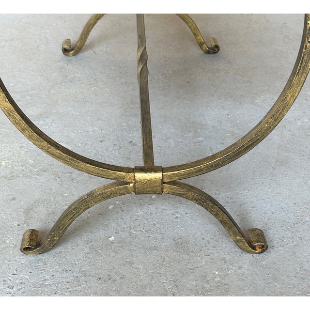 Vintage Inspired Spanish Gilt Iron Bench With Scrolled Base and Striped Ticking Upholstery For Sale - Image 9 of 12