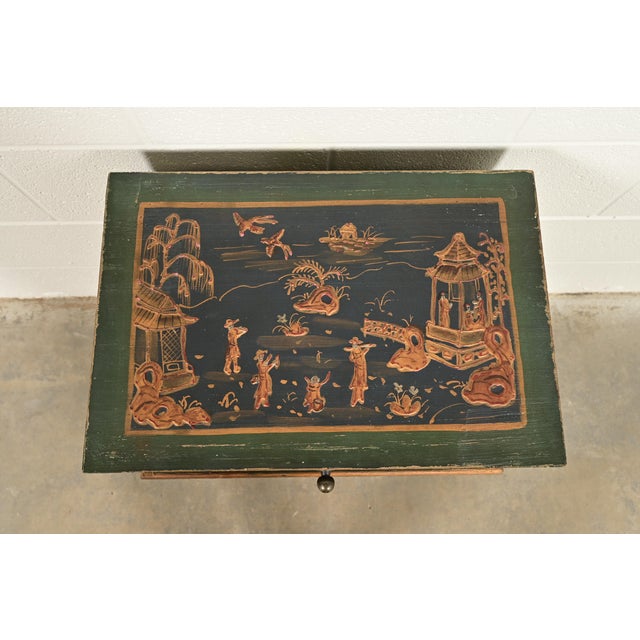 Hollywood Regency Chinoiserie Hand-Painted Green Lacquered and Gold Gilt Chest on Stand For Sale - Image 13 of 16