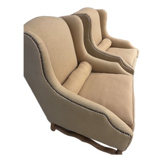 Pair of Restoration Hardware Wingback Chairs in Wheat Linen For Sale