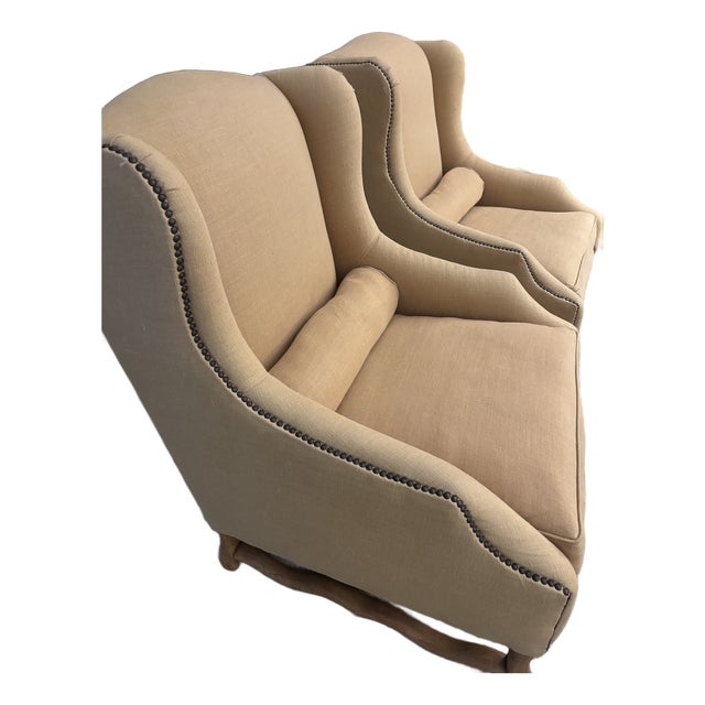 Pair of Restoration Hardware Wingback Chairs in Wheat Linen For Sale