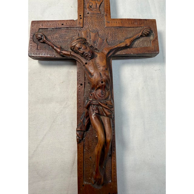 Religious Antique 1700's Hand Carved Wood Religious Jesus Christ Crucified Cross Sculpture For Sale - Image 3 of 14
