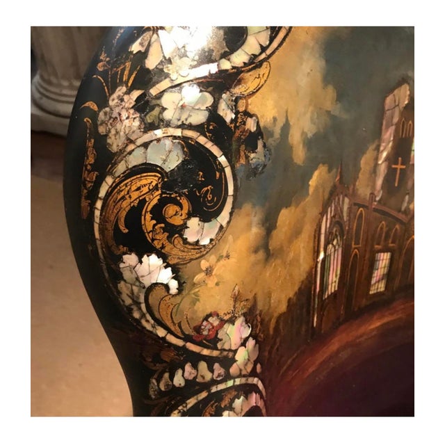 Paper Exceptional 19th Century English Victorian Papier-Mâché Gothic Revival Black Lacquer Arm Chair For Sale - Image 7 of 17